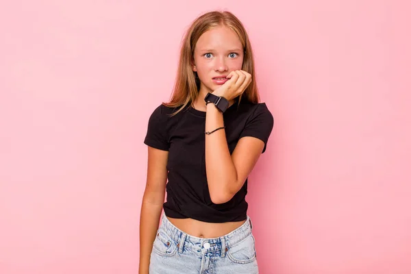 Caucasian Teen Girl Isolated Pink Background Biting Fingernails Nervous Very — Stock Photo, Image