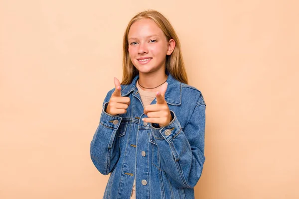 Caucasian Teen Girl Isolated Beige Background Pointing Front Fingers — Stock Photo, Image