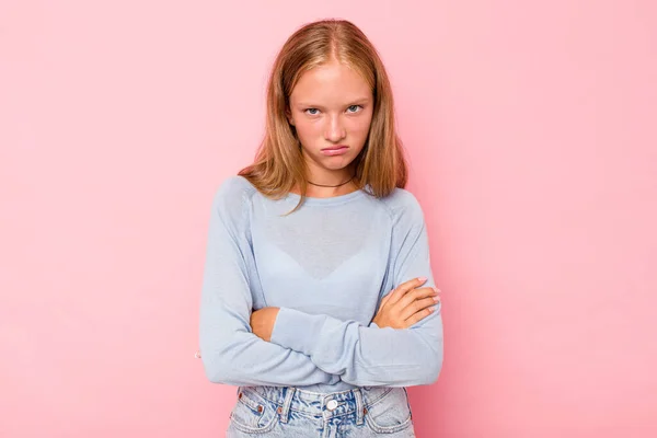 Caucasian Teen Girl Isolated Pink Background Tired Repetitive Task — Stock Photo, Image