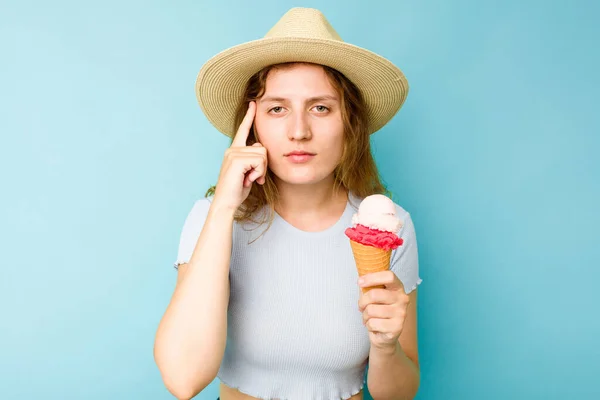 Young Caucasian Woman Holding Ice Cream Isolated Blue Background Pointing — Stock Photo, Image