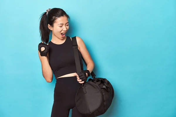 Asian Woman Gym Gear Ready Workout Session Raising Fist Victory — Stock Photo, Image