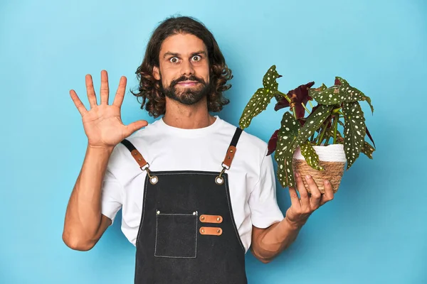Sakallı Uzun Saçlı Bahçıvan Elinde Çiçekle Gülümseyen Beş Numarayı Parmaklarıyla — Stok fotoğraf