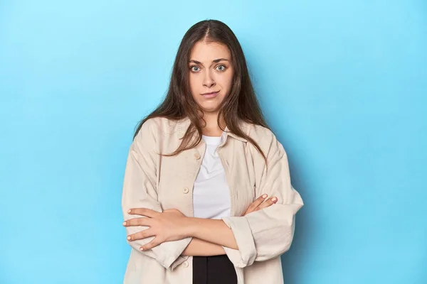 Stylish Young Woman Overshirt Blue Background Unhappy Looking Camera Sarcastic — Stock Photo, Image