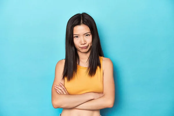 Asian Woman Summer Yellow Top Studio Setup Frowning Face Displeasure — Stock Photo, Image