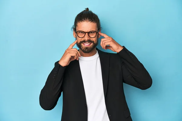 Businessman Suit Eyeglasses Beard Covering Ears Hands — Stock Photo, Image