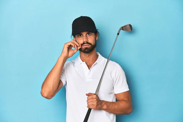 Long Haired Golfer Club Hat Fingers Lips Keeping Secret — Stock Photo, Image