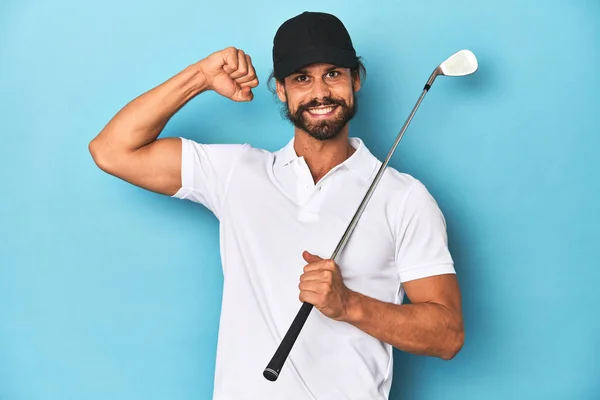 Long Haired Golfer Club Hat Raising Fist Victory Winner Concept — Stock Photo, Image