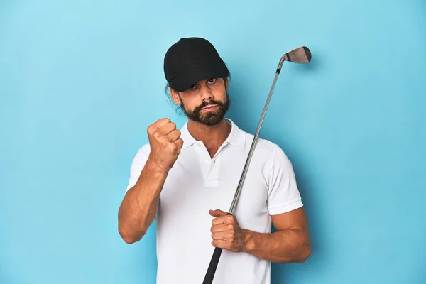 Long Haired Golfer Club Hat Showing Fist Camera Aggressive Facial — Stock Photo, Image