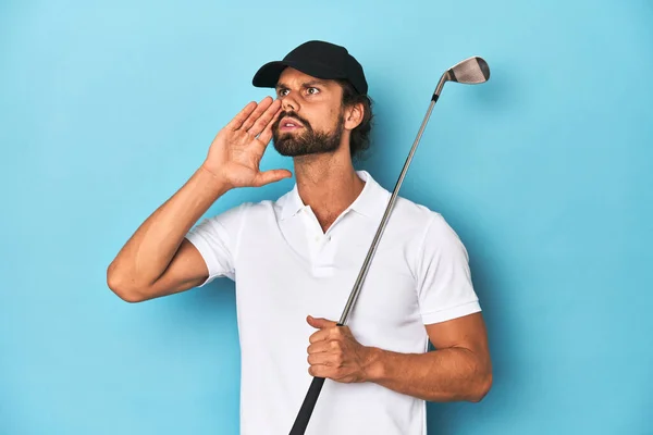 Long Haired Golfer Club Hat Shouting Holding Palm Opened Mouth — Stock Photo, Image