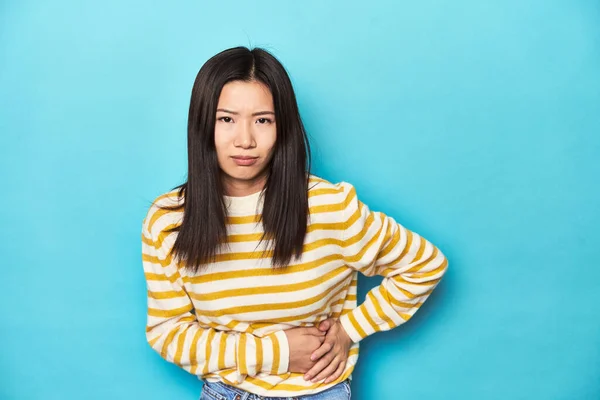 Asian Woman Striped Yellow Sweater Having Liver Pain Stomach Ache — Stock Photo, Image