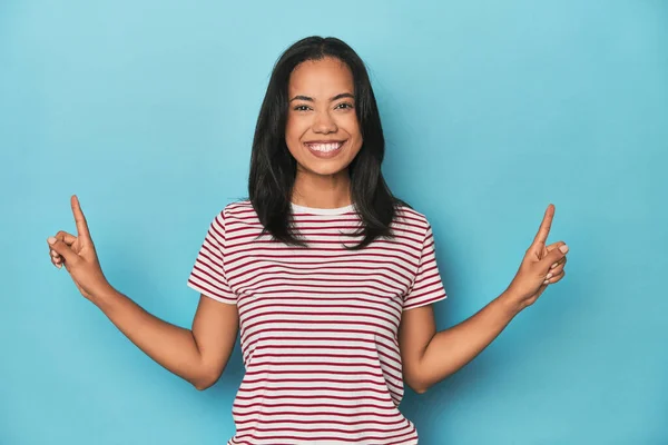 Filipina Young Woman Blue Studio Indicates Both Fore Fingers Showing — Stock Photo, Image