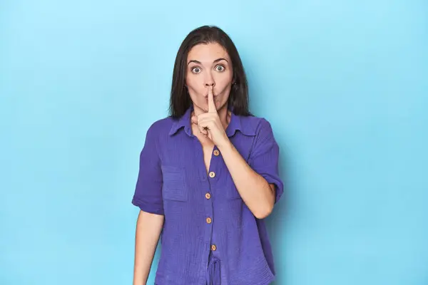 Young Caucasian Woman Blue Backdrop Keeping Secret Asking Silence — Stock Photo, Image