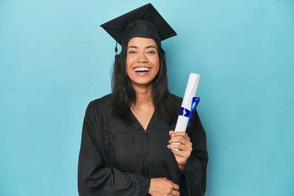 Filipina Graduate Diploma Blue Studio Laughing Having Fun — Stock Photo, Image