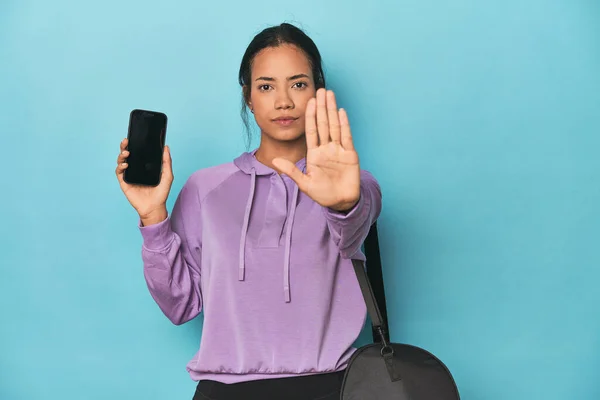 Filipina Ready Gym Phone Blue Standing Outstretched Hand Showing Stop — Stock Photo, Image