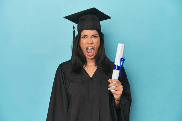 Filipina Graduate Diploma Blue Studio Screaming Very Angry Aggressive — Stock Photo, Image