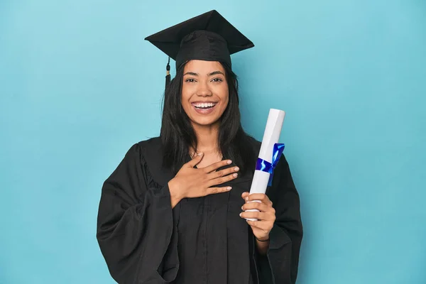 Filipina Graduate Diploma Blue Studio Laughs Out Loudly Keeping Hand — Stock Photo, Image