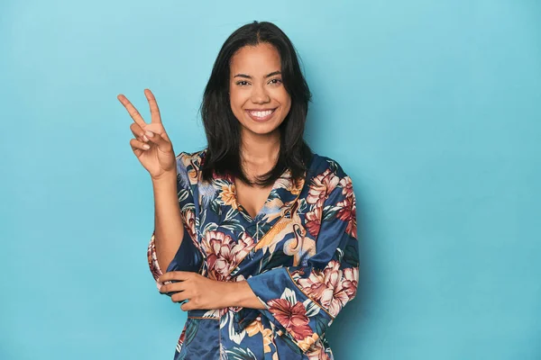 Filipina Floral Kimono Blue Studio Showing Number Two Fingers — Stock Photo, Image