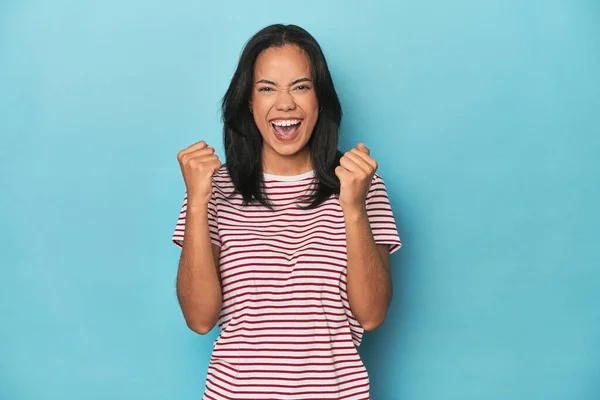 Filipina Young Woman Blue Studio Cheering Carefree Excited Victory Concept — Stock Photo, Image