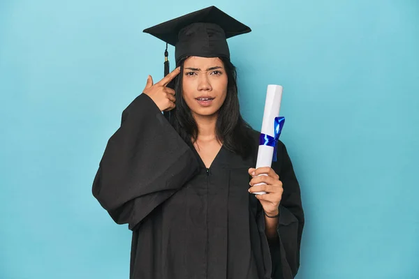 Filipina Graduate Diploma Blue Studio Showing Disappointment Gesture Forefinger — Stock Photo, Image