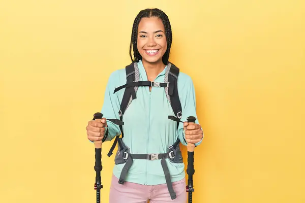 Indonesian Hiker Backpack Poles Yellow — Stock Photo, Image