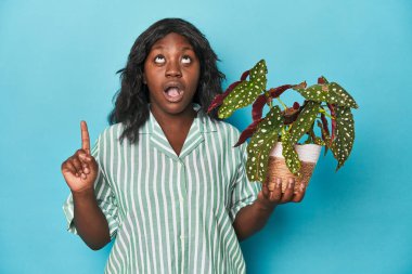 Stüdyoda elinde fabrika tutan kıvrımlı bahçıvan ağzı açık bir şekilde yukarı bakıyor..