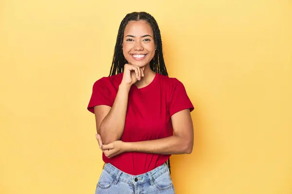 Young Indonesian Woman Yellow Studio Backdrop Smiling Happy Confident Touching — Stock Photo, Image