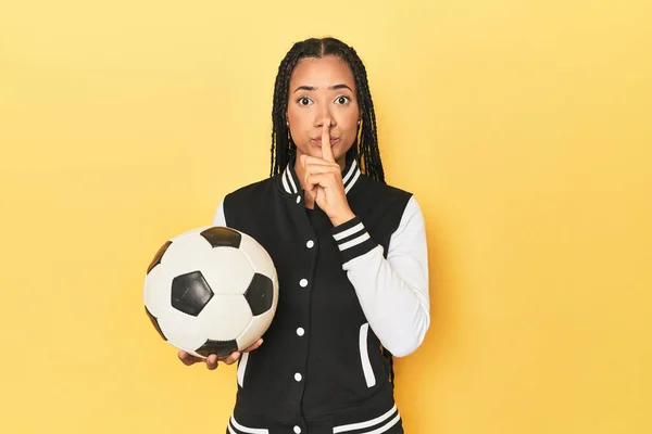 Indonesian Schoolgirl Soccer Ball Yellow Keeping Secret Asking Silence — Stock Photo, Image