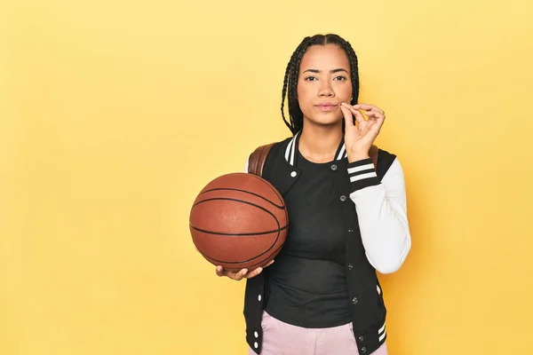 Indonesian Schoolgirl Basketball Yellow Fingers Lips Keeping Secret — Stock Photo, Image