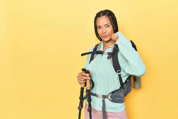 Indonesian Woman Hiking Gear Yellow Feels Proud Self Confident Example — Stock Photo, Image