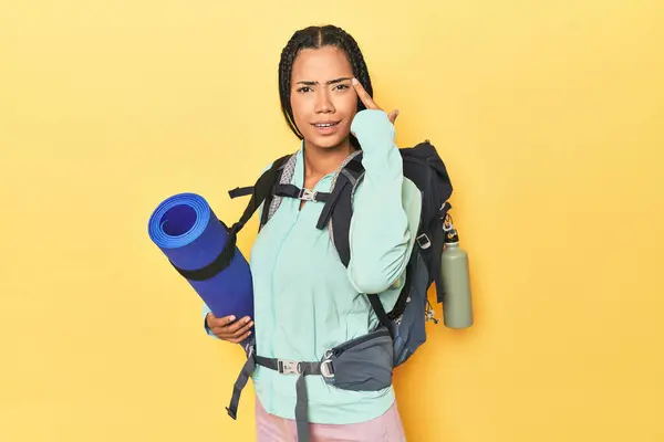 Indonesian Woman Ready Mountain Trip Yellow Showing Disappointment Gesture Forefinger — Stock Photo, Image