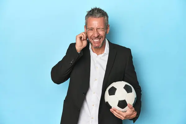 Caucasian Football Coach Middle Aged Blue Set Covering Ears Hands — Stock Photo, Image