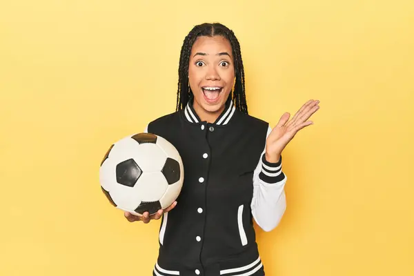 Indonesian Schoolgirl Soccer Ball Yellow Receiving Pleasant Surprise Excited Raising — Stock Photo, Image