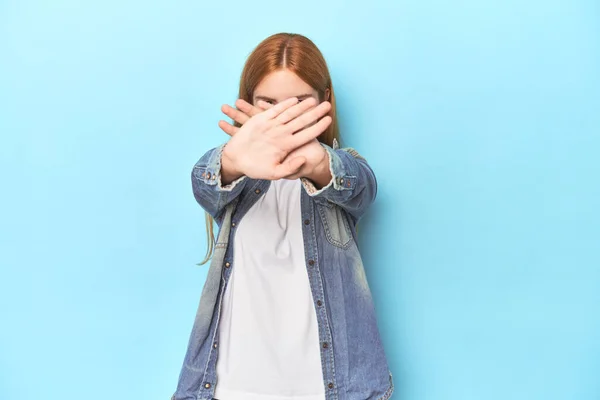 Redhead Young Woman Blue Background Doing Denial Gesture — Stock Photo, Image