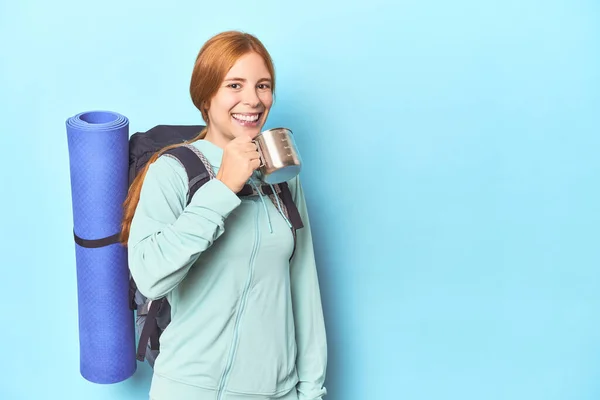 Mountaineer Redhead Sipping Camping Cup Blue Studio — Stock Photo, Image