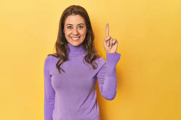 Portrait Beautiful Adult Woman Showing Number One Finger — Stock Photo, Image