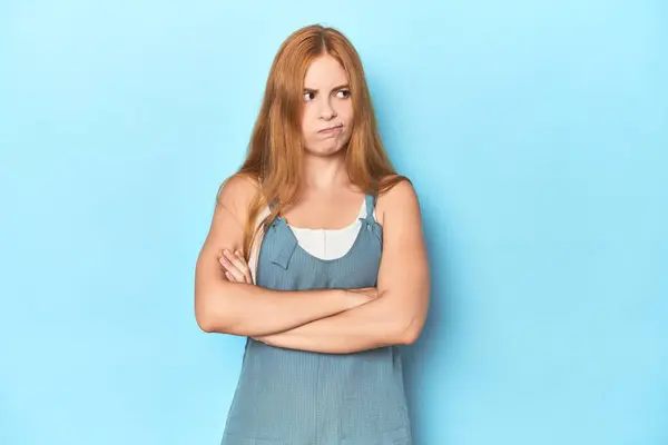 Redhead Young Woman Blue Background Frowning Face Displeasure Keeps Arms — Stock Photo, Image