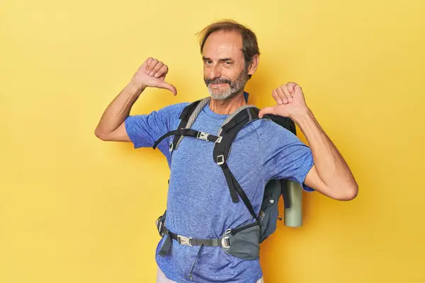 Middle Aged Hiker Backpack Studio Feels Proud Self Confident Example — Stock Photo, Image