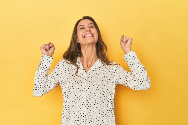 Portrait Adult Woman Celebrating Victory Passion Enthusiasm Happy Expression — Stock Photo, Image