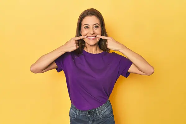 Portrait Adult Woman Smiles Pointing Fingers Mouth — Stock Photo, Image
