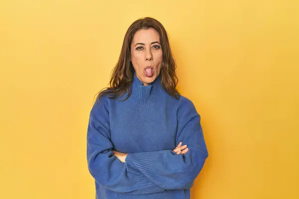 Portrait Adult Woman Funny Friendly Sticking Out Tongue — Stock Photo, Image