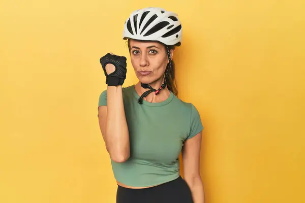 Portrait Adult Woman Showing Fist Camera Aggressive Facial Expression — Stock Photo, Image
