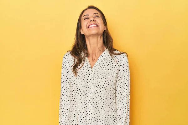 Portrait Adult Woman Laughs Closes Eyes Feels Relaxed Happy — Stock Photo, Image