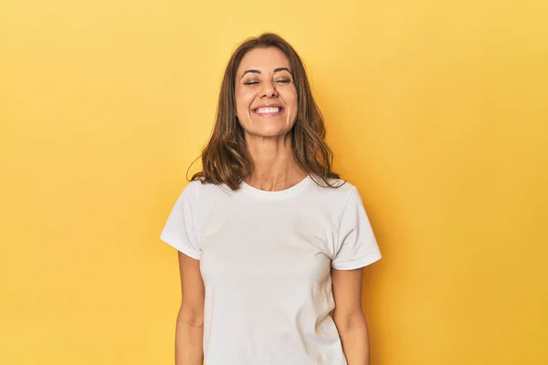 Portrait Adult Woman Laughs Closes Eyes Feels Relaxed Happy — Stock Photo, Image