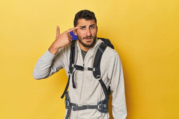 Young Hispanic Man Ready Hiking Showing Disappointment Gesture Forefinger — Stock Photo, Image