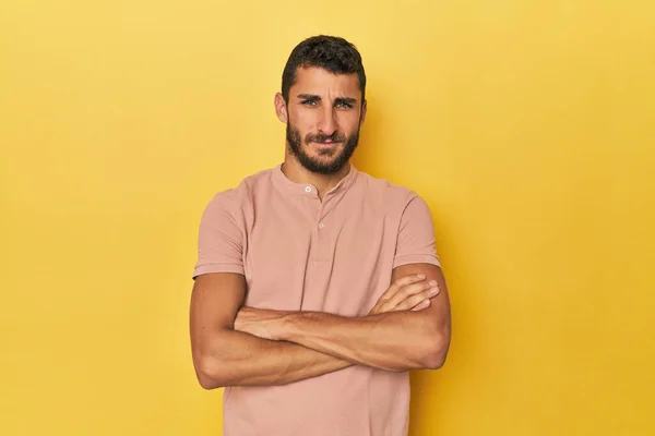 Young Hispanic Man Yellow Background Who Feels Confident Crossing Arms Stock Image