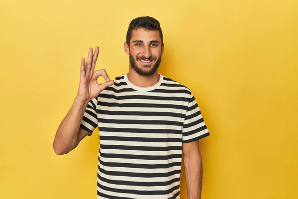 Young Hispanic Man Yellow Background Cheerful Confident Showing Gesture — Stock Photo, Image