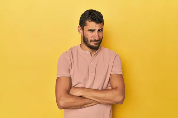 Young Hispanic Man Yellow Background Unhappy Looking Camera Sarcastic Expression — Stock Photo, Image