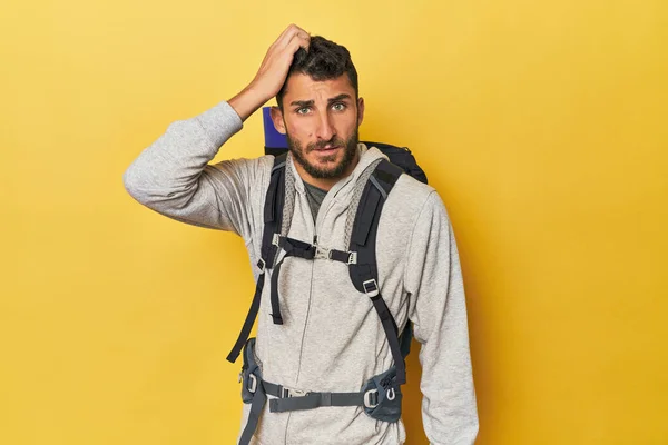 Young Hispanic Man Ready Hiking Being Shocked She Has Remembered Stock Picture