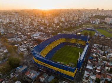 Buenos Aires, Arjantin; 28 Mayıs 2023: Sunset Boca Juniors Stadyumu 'nda hava fotoğrafı. Arjantin 'den futbol stadyumu. 