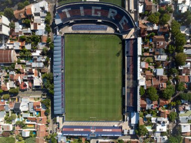 Buenos Aires, Arjantin, 6 Şubat 2023 futbol stadyumu Estadio Jos Dellagiovanna. Tigre Atletizm Kulübü. Hava görünümü.